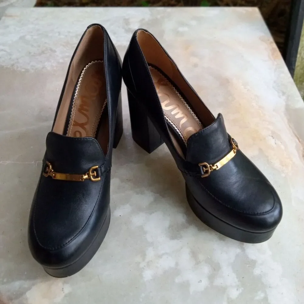 Sam Edelman Aurelie Black Leather Platform Heel Chunky Bit Loafer Size 8